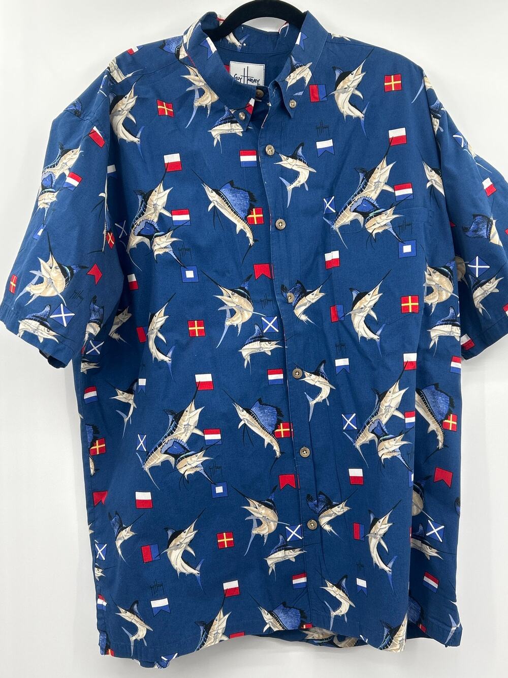 Guy Harvey Bluewater Wear Marlin Button Front Fishing Shirt 2X 100% Cotton Blue